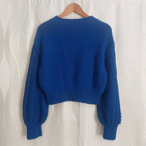 Anthropologie Indigo Blue Sweater Size M Cable Knit Crop Balloon Sleeve Warm EUC - Picture 11 of 14
